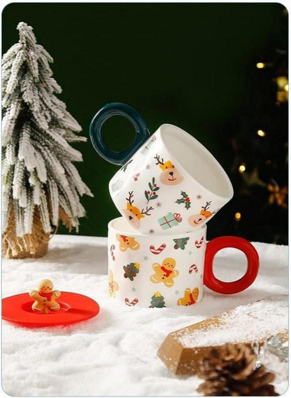 Keramik Weihnachtstasse mit Deckel 420ML für Heiß- & Kaltgetränke