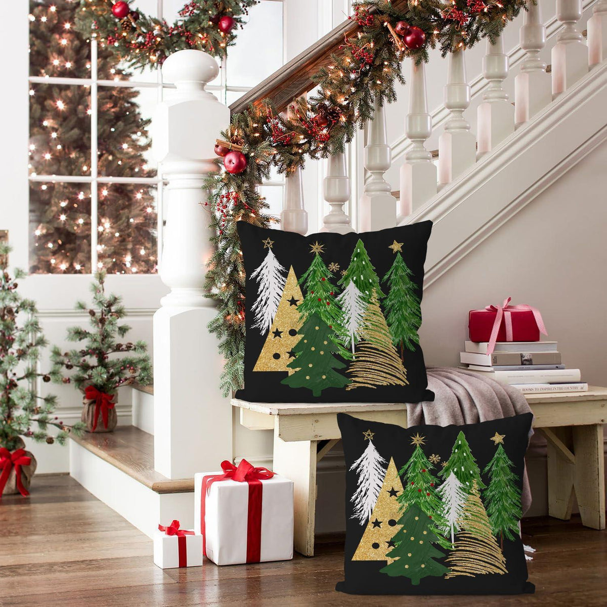 Weihnachtliche Kissenbezüge 60x60 cm - 2er Set mit Weihnachtsbaum
