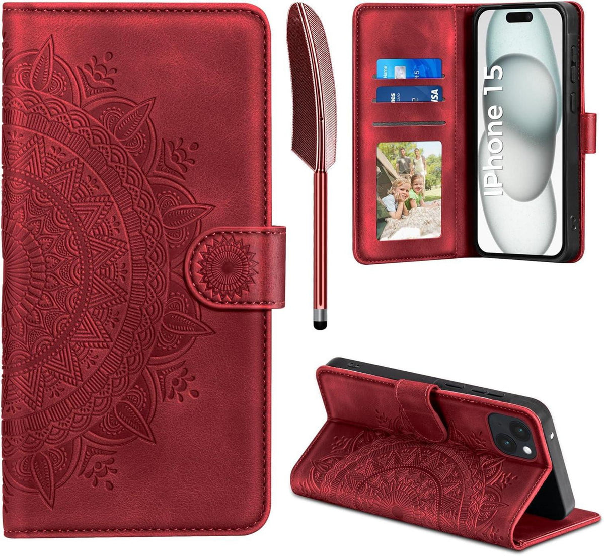 iPhone 15 Lederhülle Hülle Flip Wallet PU Case Rot 6.1 Zoll
