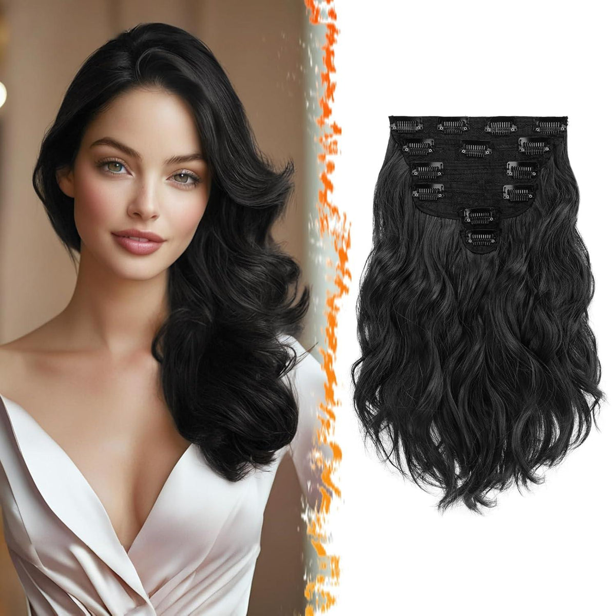 Clip in Haarverlängerung Schwarz 30cm Wellige Extensions 6PCs