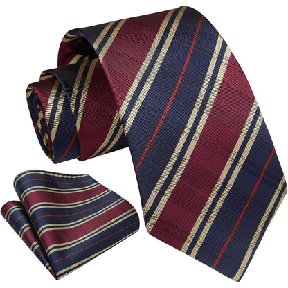 Herren Krawatte & Einstecktuch Set Gestreift Marineblau/Burgundy