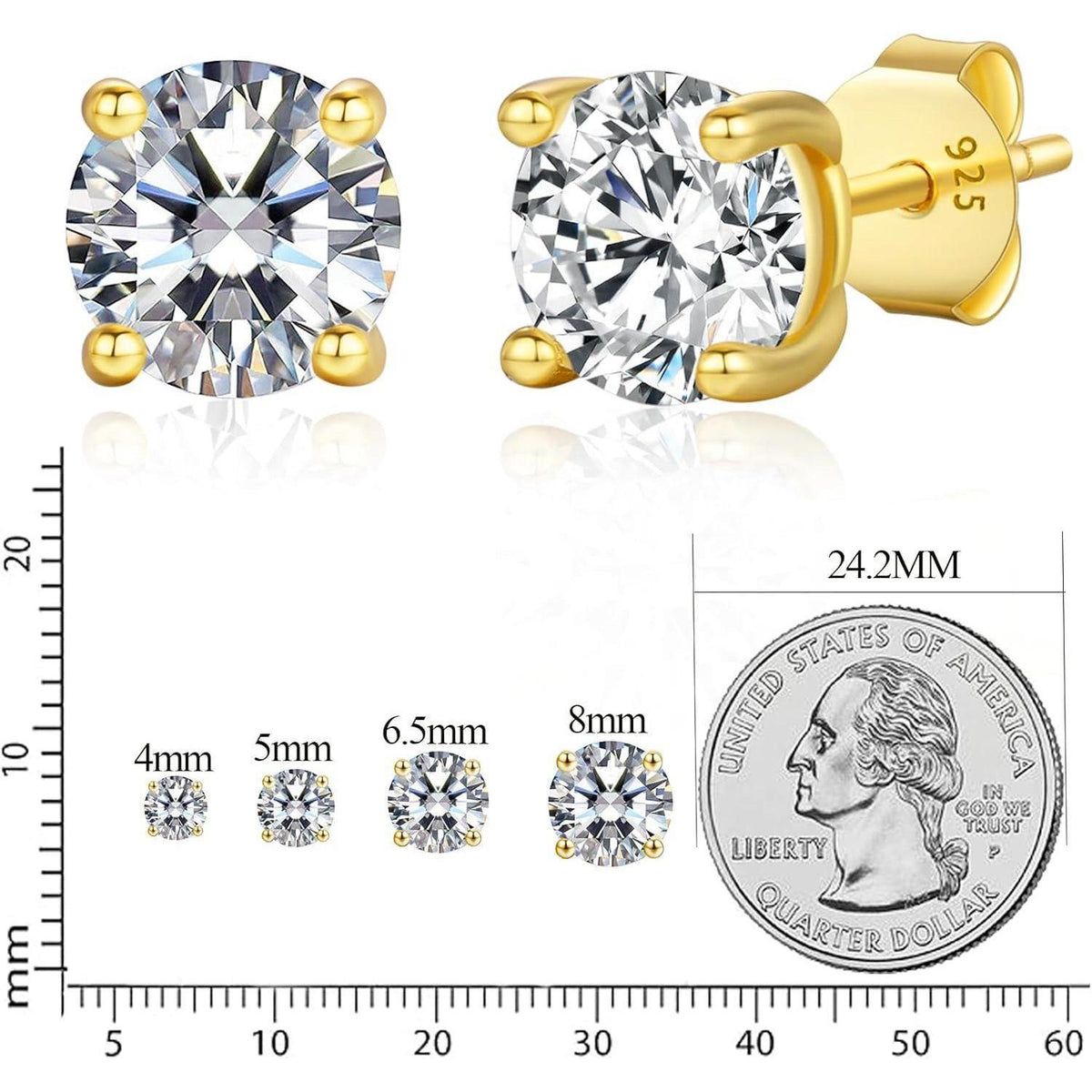 Moissanit Ohrstecker Silber 925, 14K Gold Plattiert, VVS1