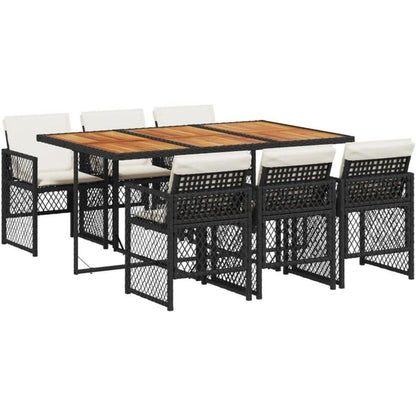 Garten Essgruppe 7-TLG. Poly Rattan mit Kissen, Schwarz/Creme