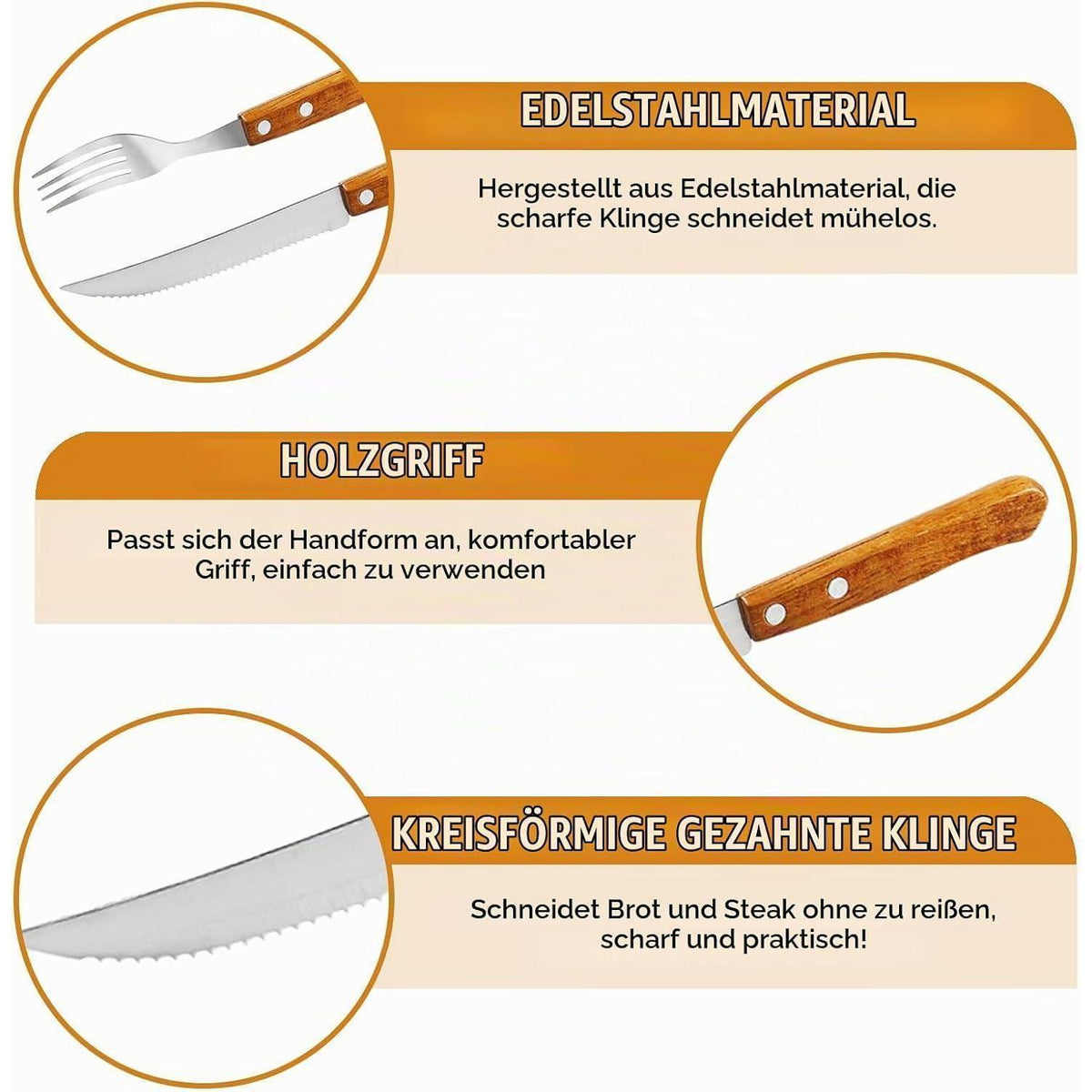 30-teiliges Steakbesteck-Set | 15 Messer & 15 Gabeln | Edelstahl mit Holzgriff