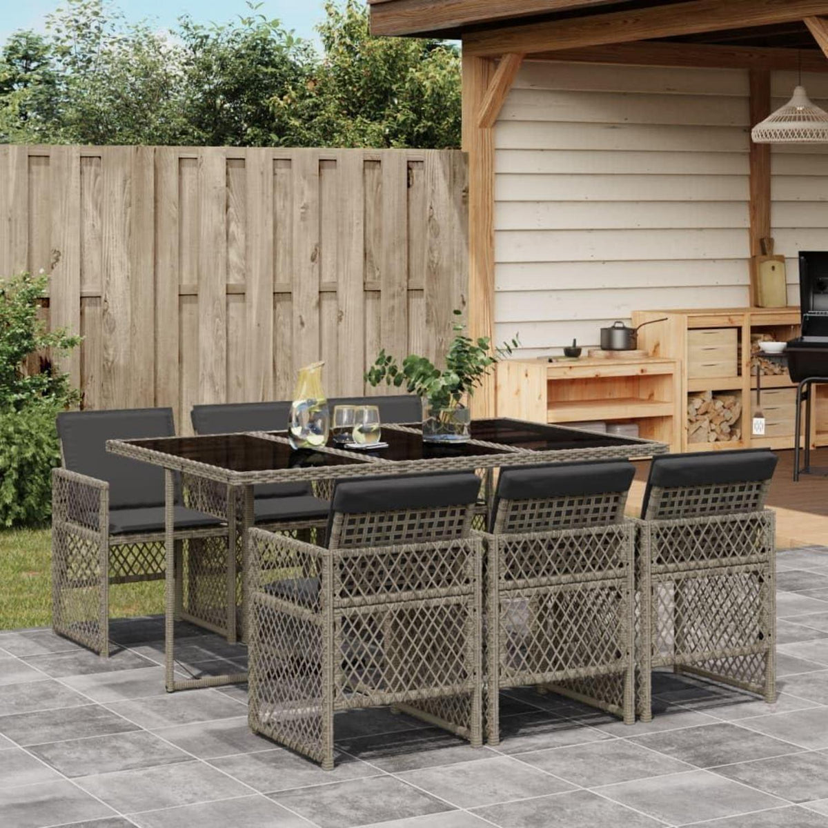Garten Essgruppe 7-teilig mit Kissen, Grau Poly Rattan