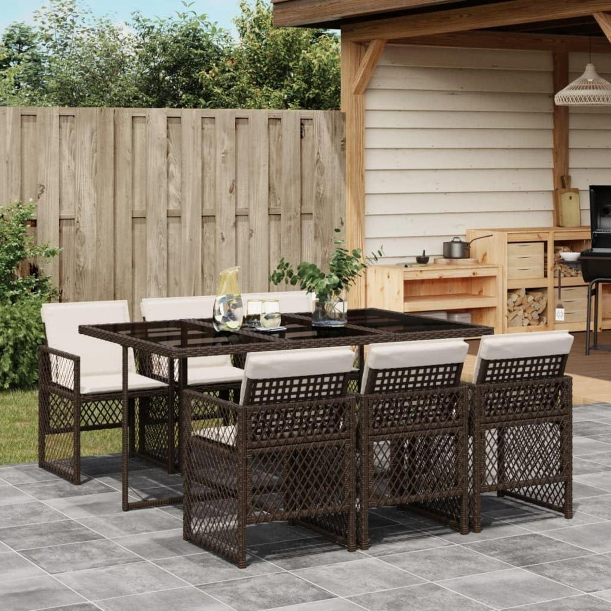 Garten Essgruppe 7-teilig mit Kissen, Poly Rattan Tisch & 6 Stühle