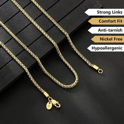 Goldfarbene Kette Herren Edelstahl Weizenkette 3mm Gold beschichtet