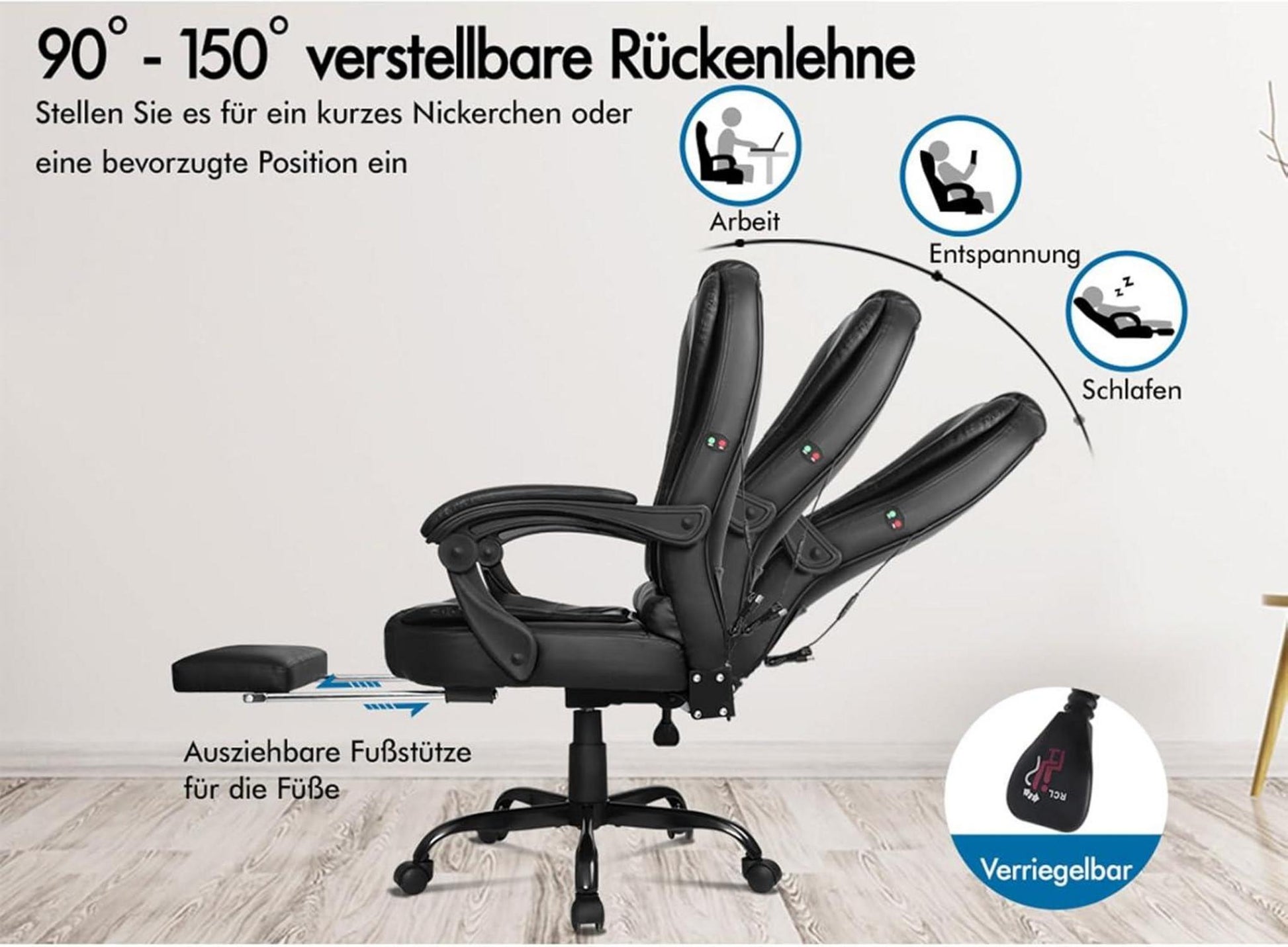 Massagebürostuhl mit Fußstütze, 150° Neigung, Schwarz-Leder