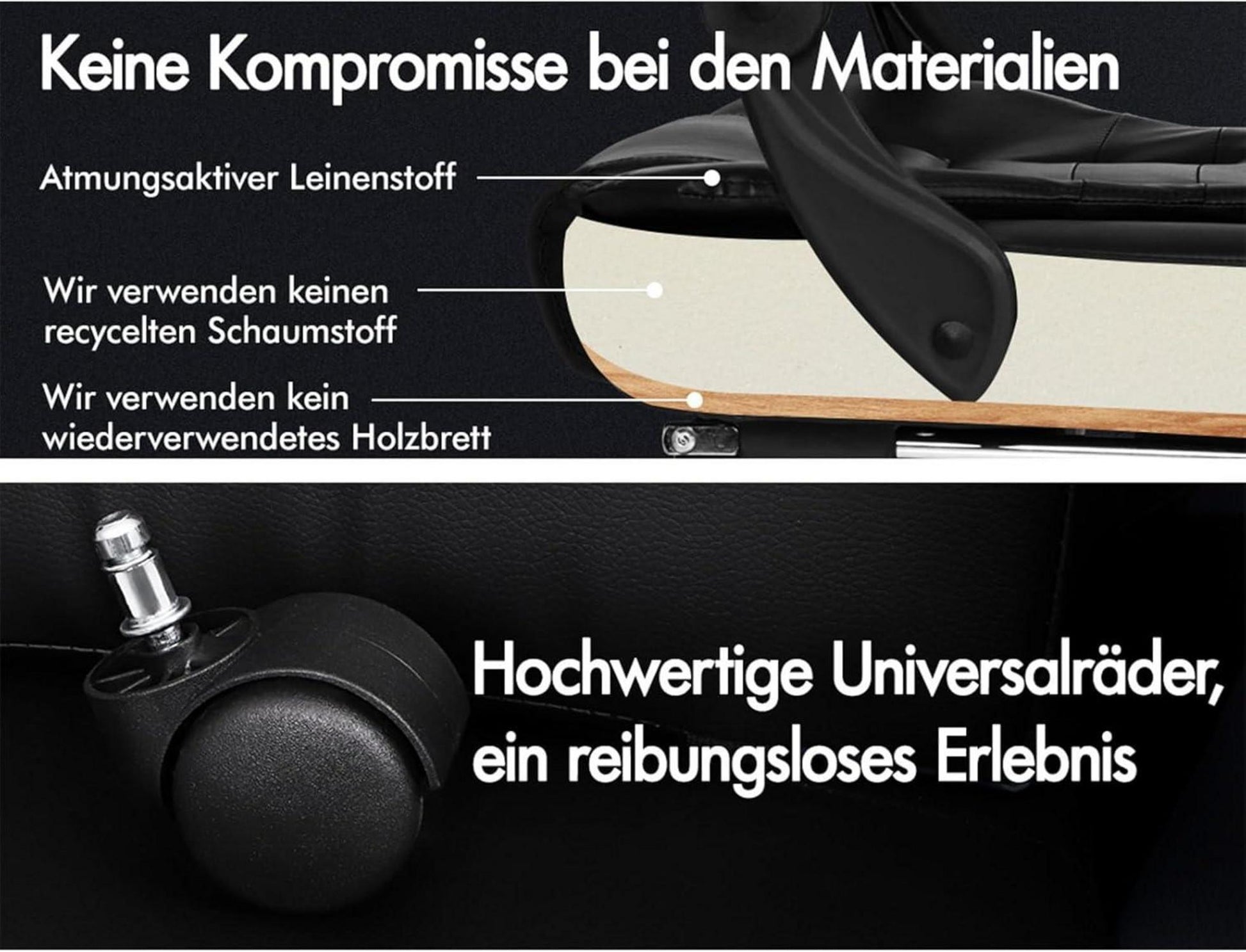 Ergonomischer Massage-Bürostuhl mit Fußstütze und Neigungsverstellung in Schwarz-Leder