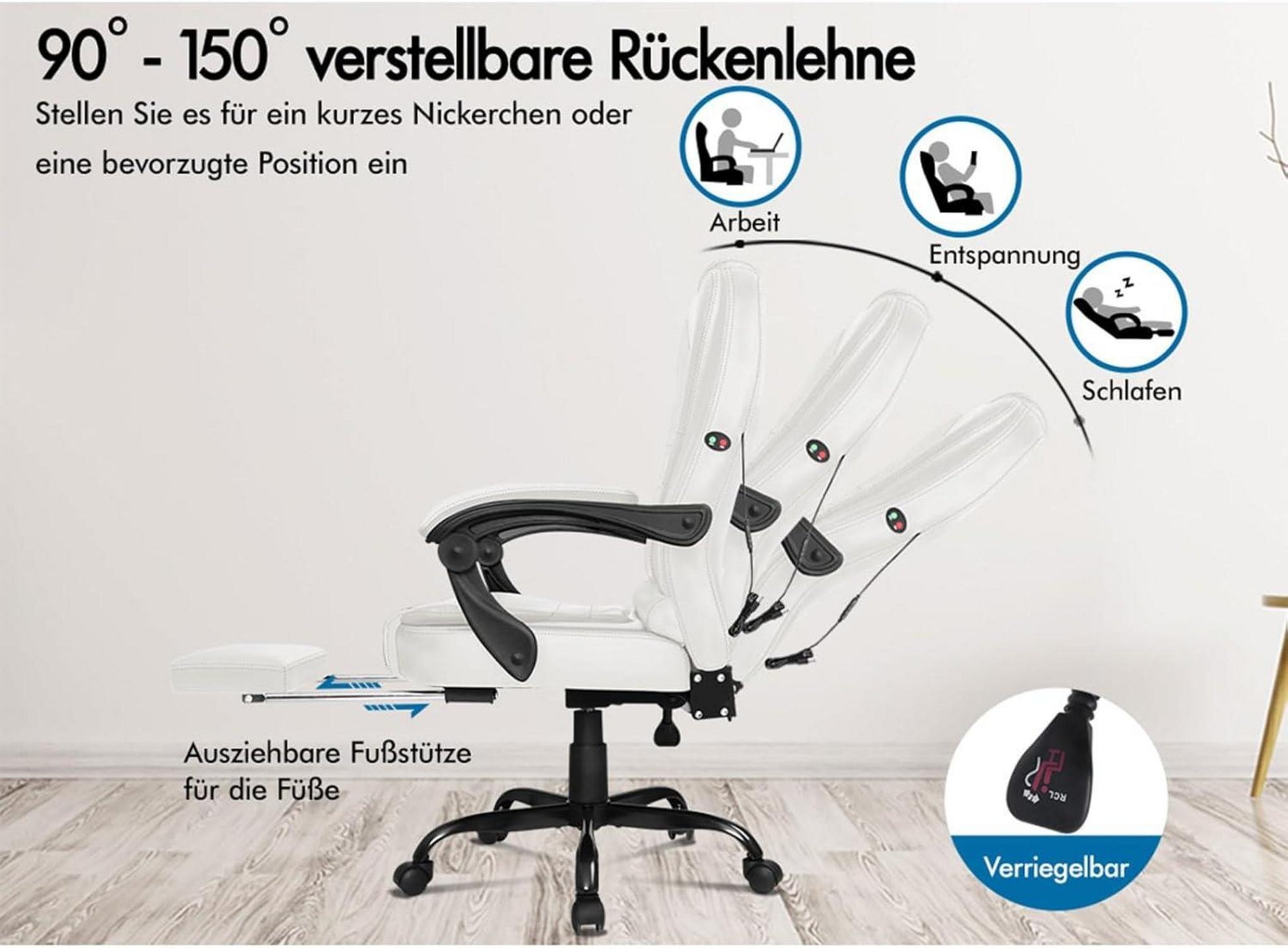 Massagebürostuhl mit Fußstütze und 150°-Neigung, Chefsessel samt