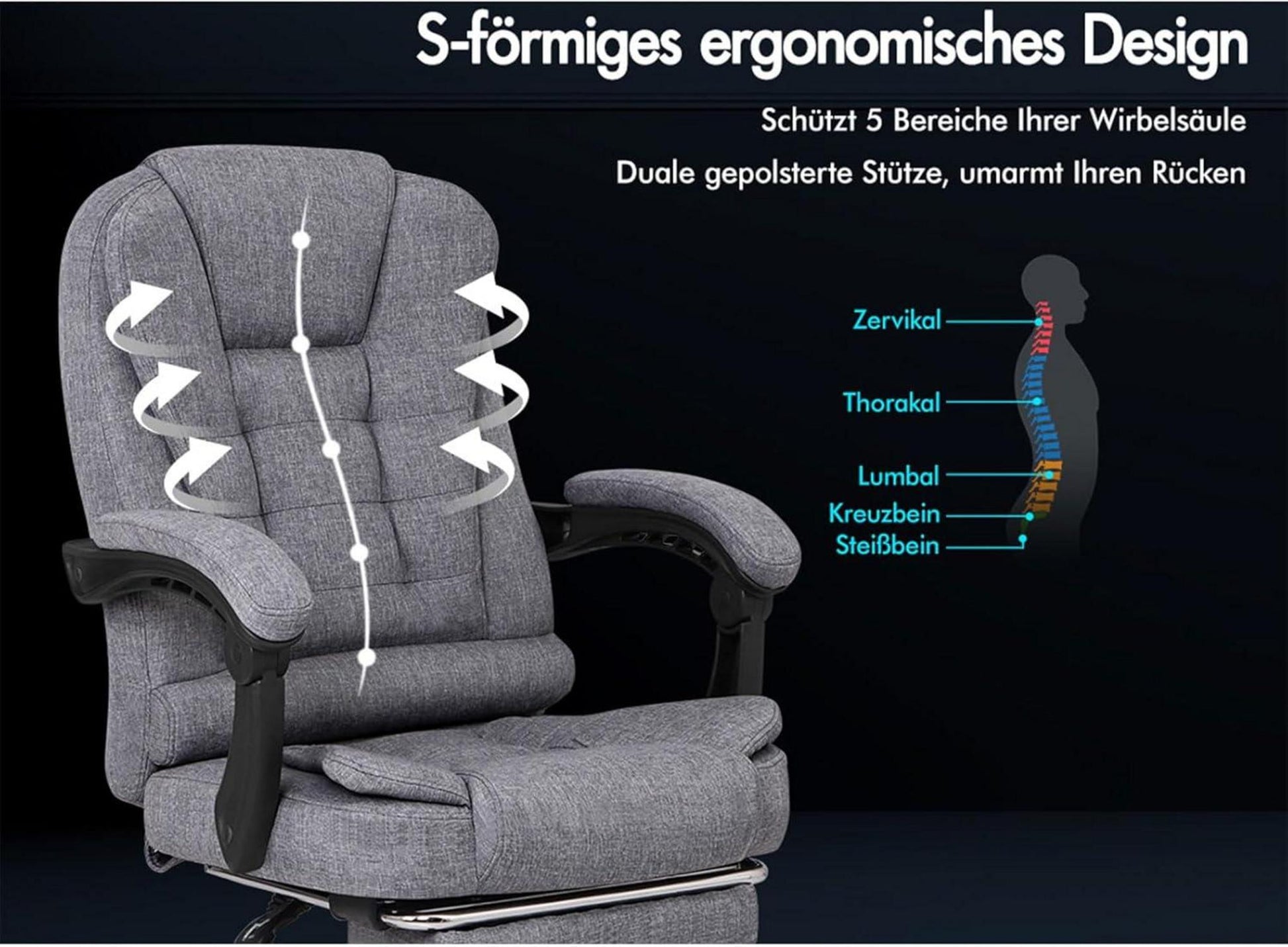Ergonomischer Massage-Bürostuhl mit Fußstütze & 150° Neigung in Grau