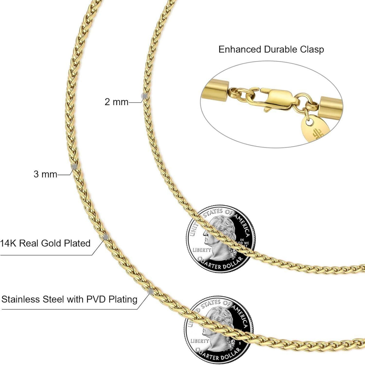 Goldkette Herren Silberkette 3mm Weizenkette 61cm Edelstahl Gold/Weißgold