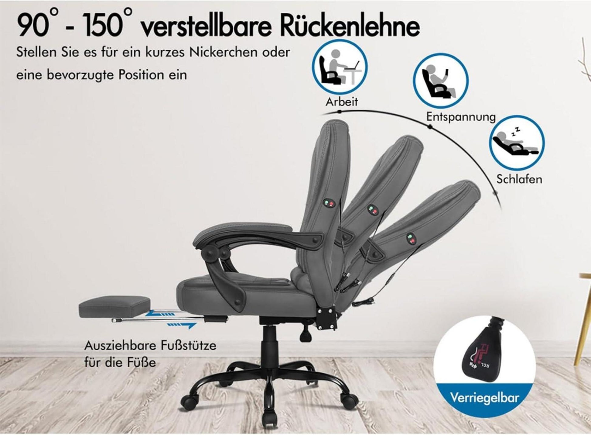 ALFORDSON Ergonomischer Bürostuhl Massage Fußstütze 180 kg Grau Leder