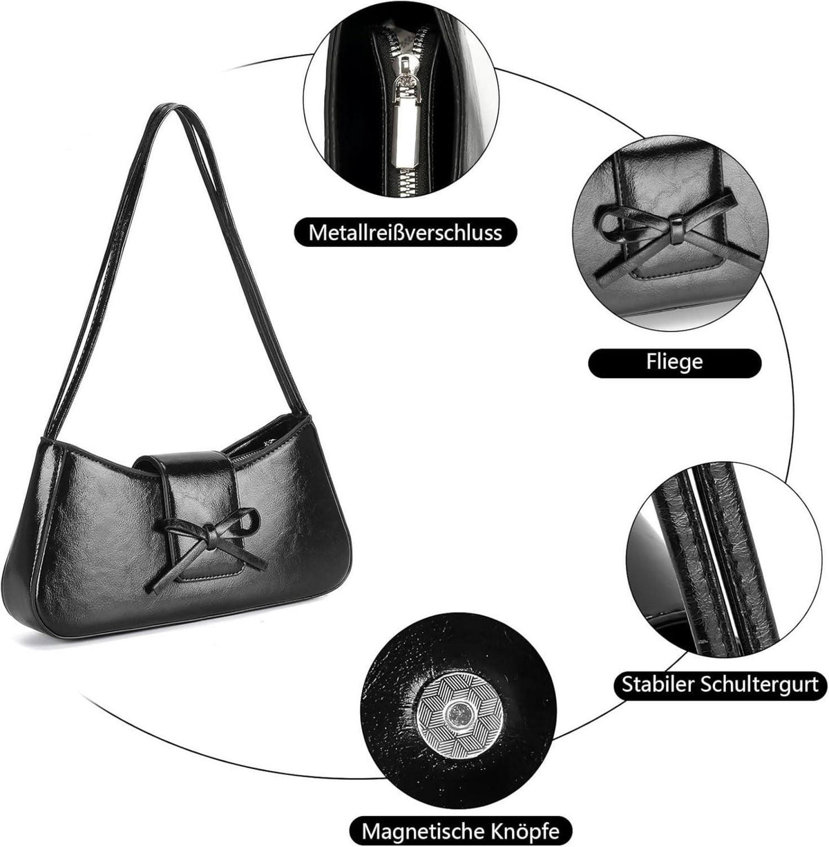 Kleine Handtasche Damen Schwarz PU-Leder Umhängetasche 28x6x13cm