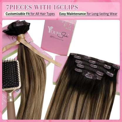 Clip-in Echthaar Extensions Balayage Schwarz Braun Blond 40cm