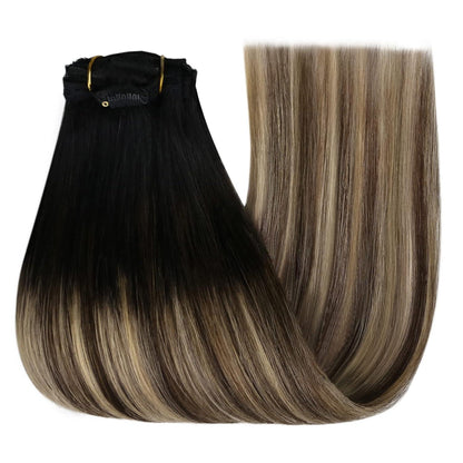 Clip-in Echthaar Extensions Balayage Schwarz Braun Blond 40cm