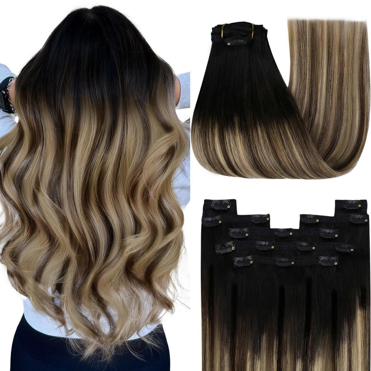 Clip-in Echthaar Extensions Balayage Schwarz Braun Blond 45cm
