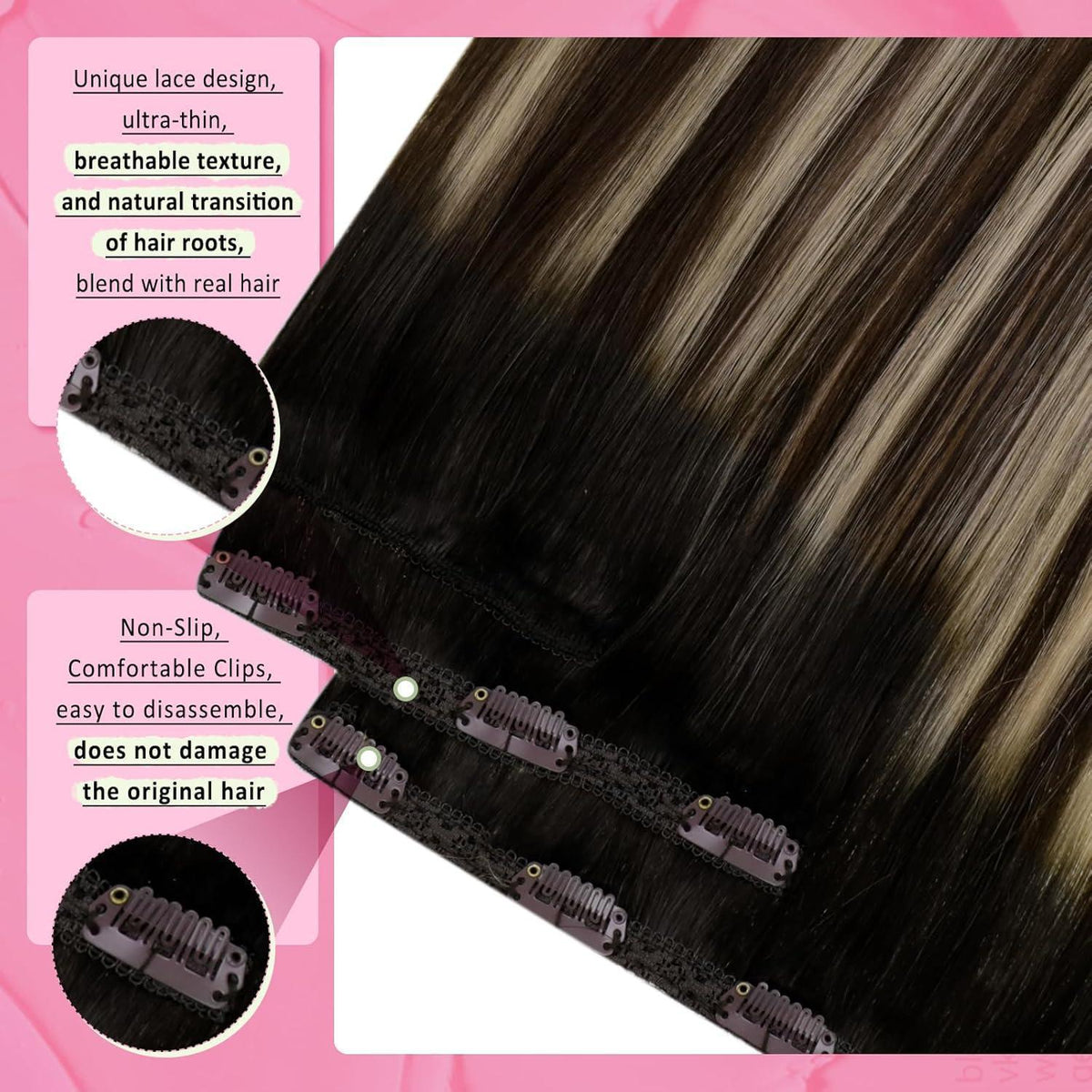 Clip-in Echthaar Extensions Balayage Schwarz Braun Blond 45cm