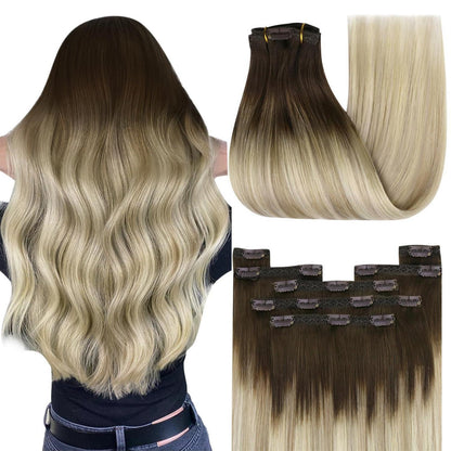 Clip-in Haarverlängerung Echthaar Balayage Dunkelbraun Blond 55cm