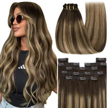 Echthaar Clip-in Extensions Ombre Dunkelbraun Karamellblond 50cm