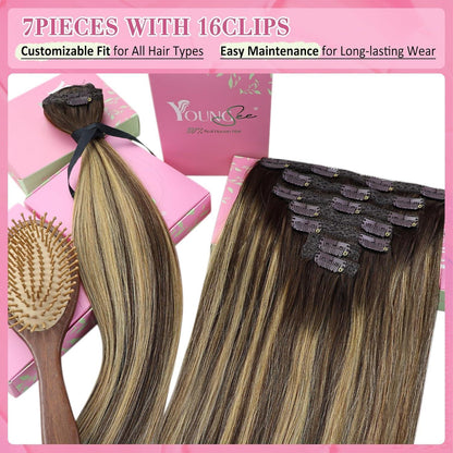 Clip-in Echthaar Extensions Ombre Braun Blond 55cm