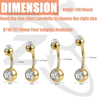 Bauchnabelpiercing Titan 14G mit Zirkonia, Bananenring Gold 8mm