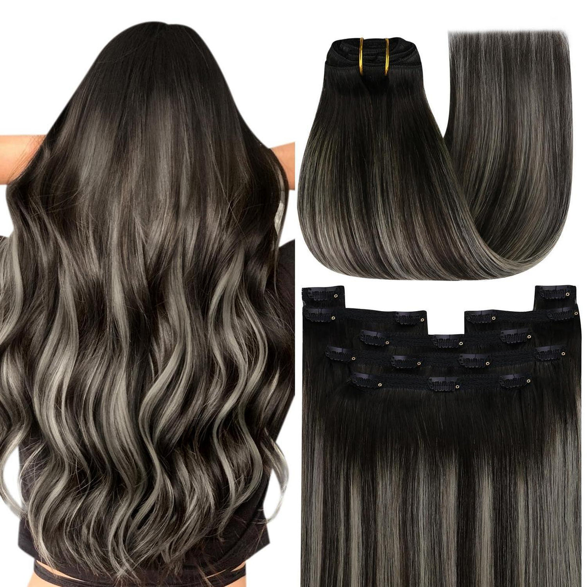 Echthaar Clip-in Extensions Ombre Schwarz Silber 50cm