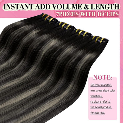 Echthaar Clip-in Extensions Ombre Schwarz Silber 50cm