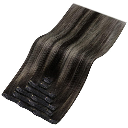 Echthaar Clip-in Extensions Ombre Schwarz Silber 50cm