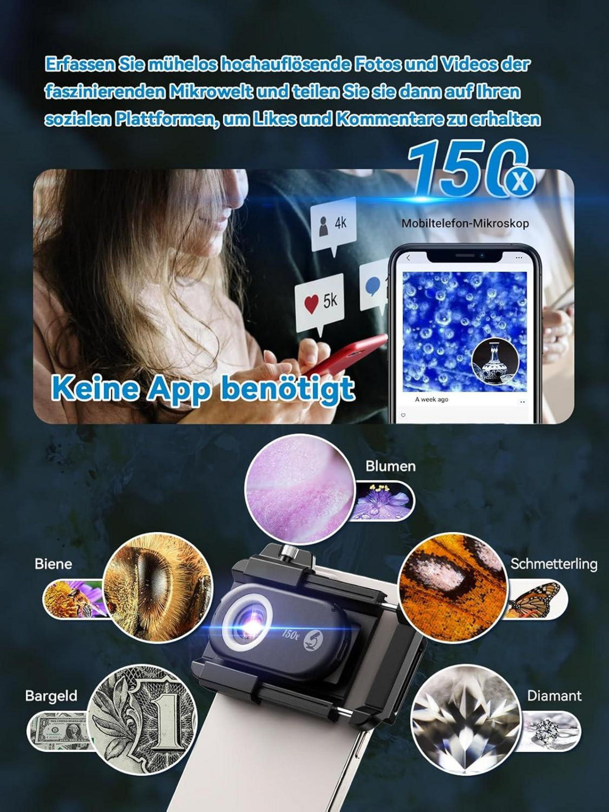 APEXEL 150X Mini-Mikroskop für Smartphone Kamera LED Beleuchtung