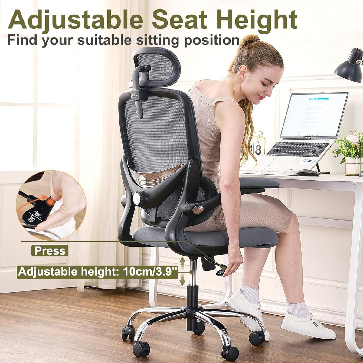 Ergonomischer Bürostuhl mit hoher Netzrückenlehne und verstellbarer Lendenstütze