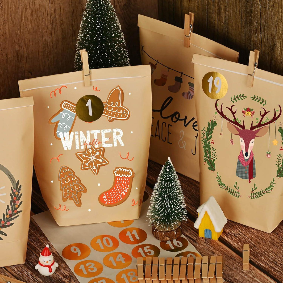 24er Adventskalender Tüten Bastelset Kraftpapier Weihnachtsmotiv