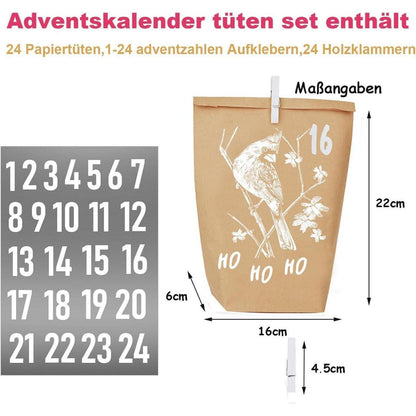 Adventskalender Tüten 24er Set Weihnachtsmotiv Kraftpapier
