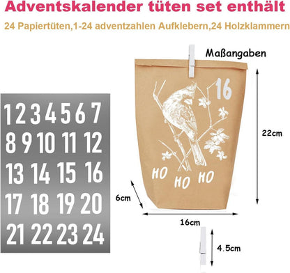 Adventskalender Tüten 24er Set Weihnachtsmotiv Kraftpapier