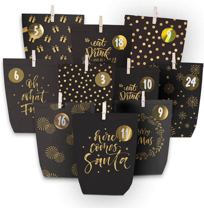 Adventskalender Tüten zum Befüllen Schwarzgold 24 bedruckte