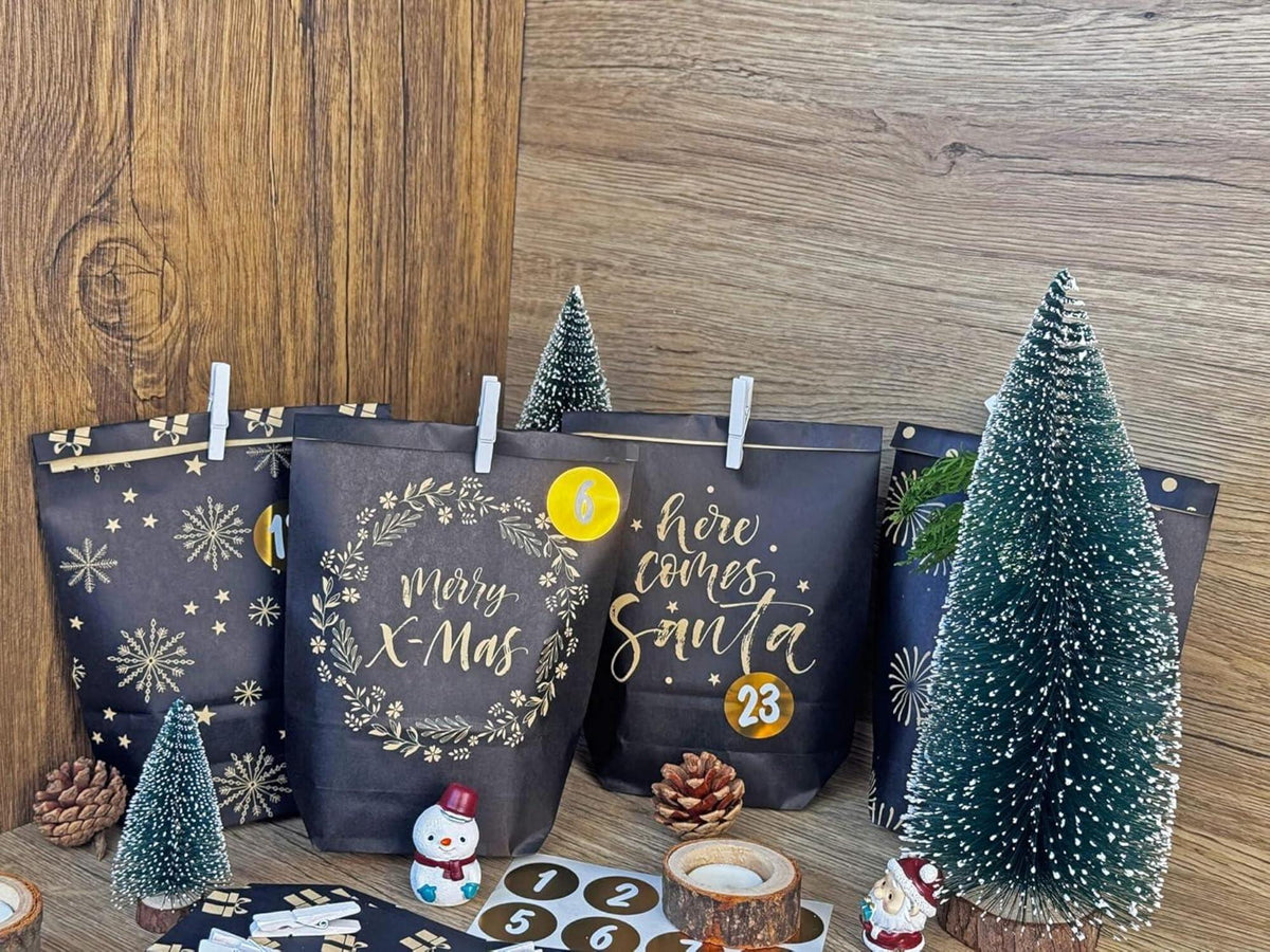 Adventskalender-Tüten Schwarzgold Weihnachtsmotiv DIY Set