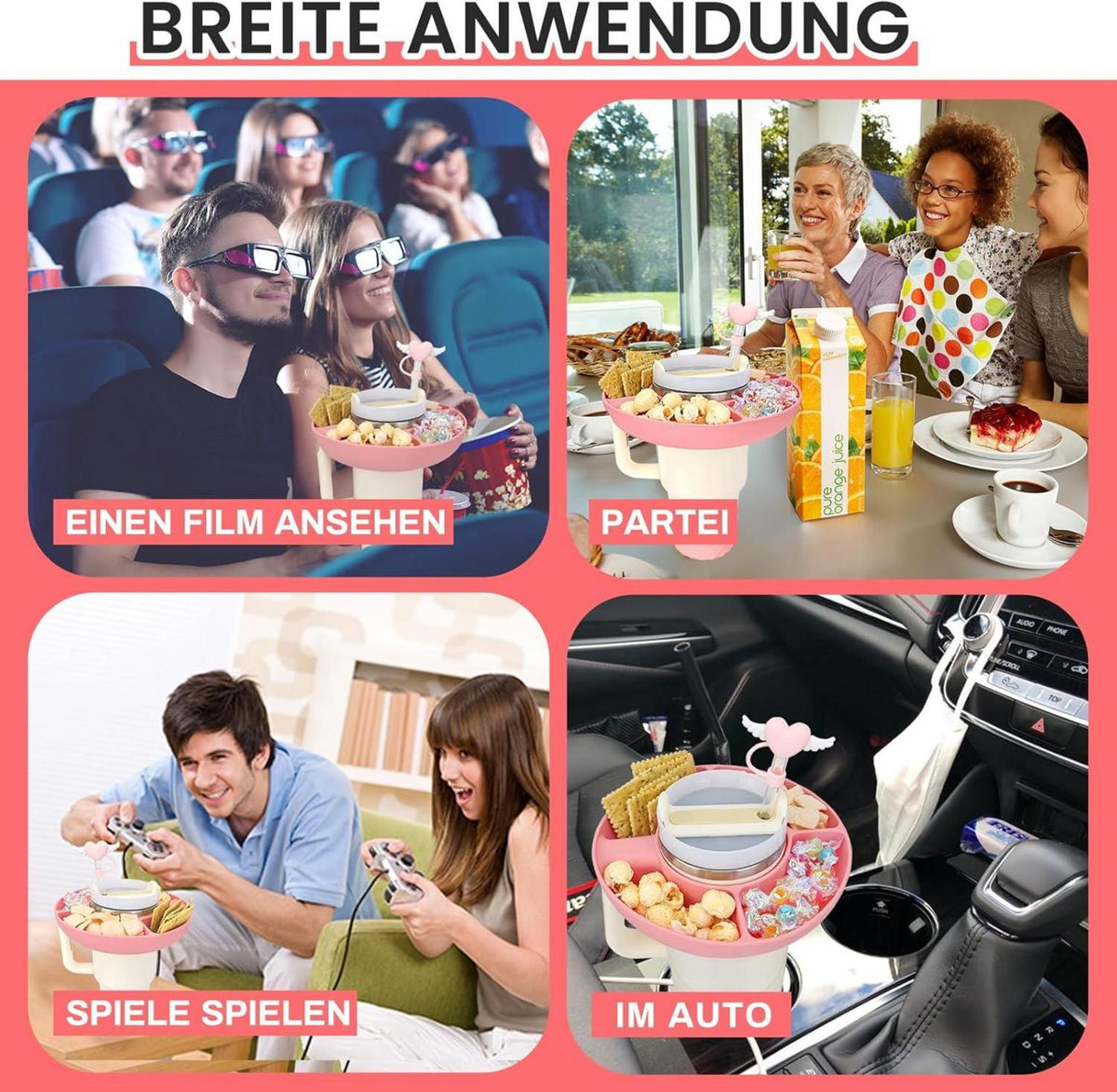 Snackschale Stanley Cup Zubehör: Silikon Snackteller 5tlg Set mit Deckel für