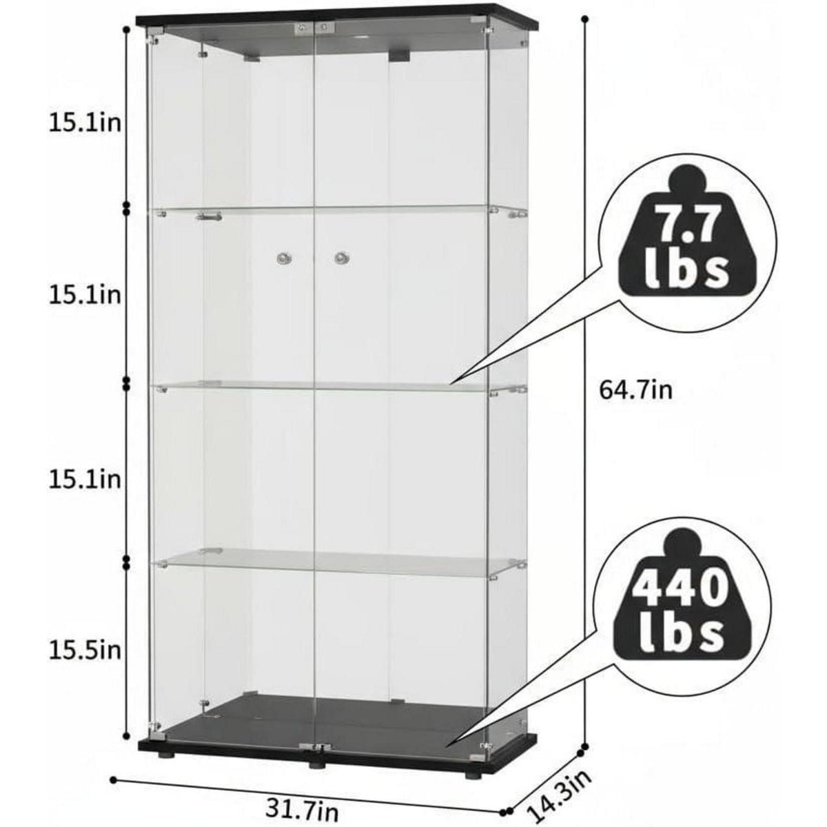 Glasvitrine Standvitrine Schwarz mit Schloss & 4 Fächern