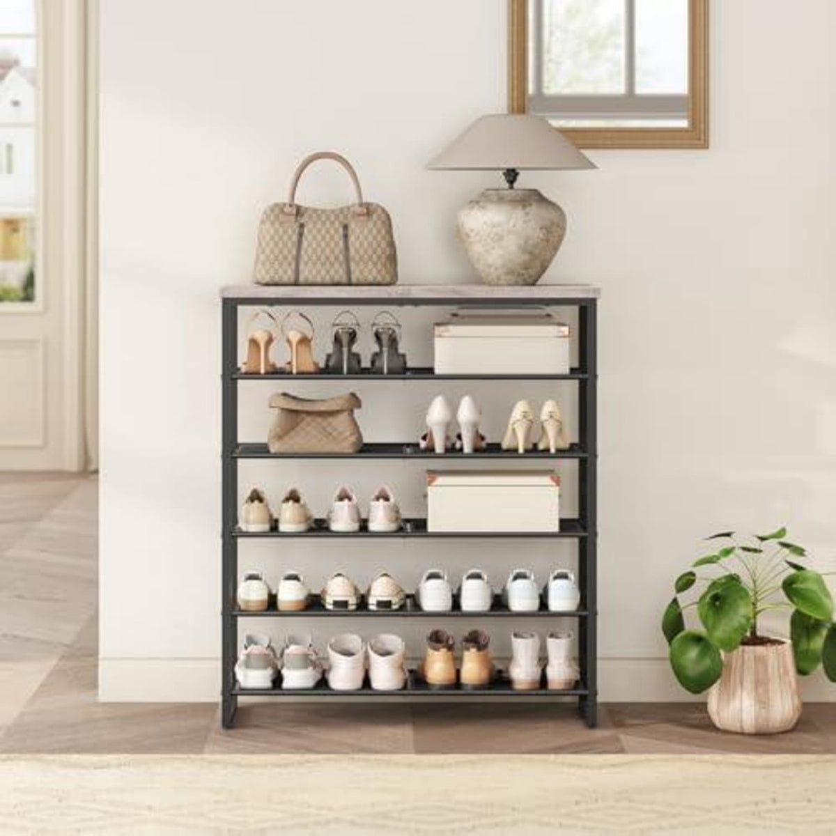 6-stufiges Schuhregal Greige & Schwarz – Schuhablage für 18-24 Paar