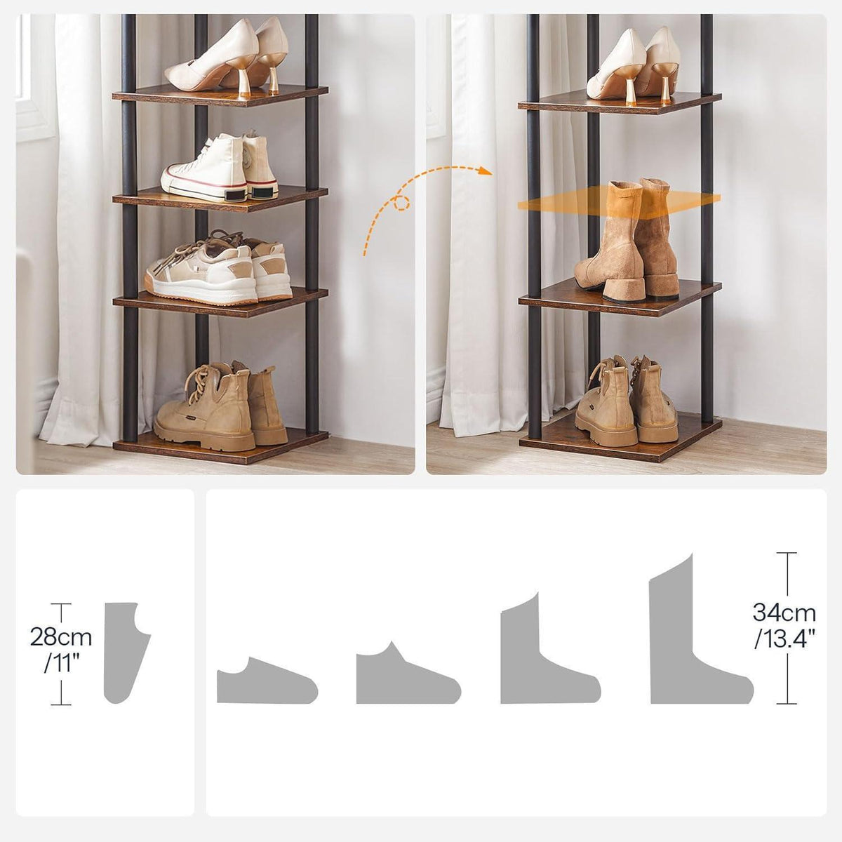 10-stöckiges Eck-Schuhregal, schmal, dunkelbraun-schwarz