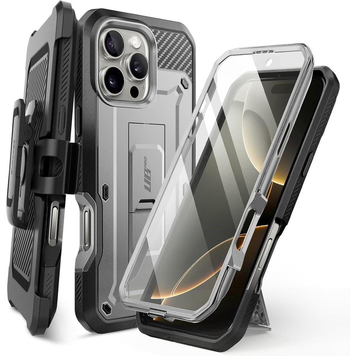iPhone 16 Pro Hülle Grau mit Gürtelclip & Ständer