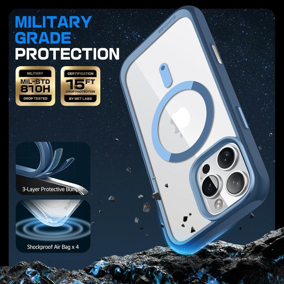 iPhone 16 Pro Max Hülle MagSafe Transparent Blau Militärschutz