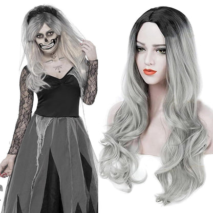 Lange graue gewellte Perücke Halloween Kostüm Damen