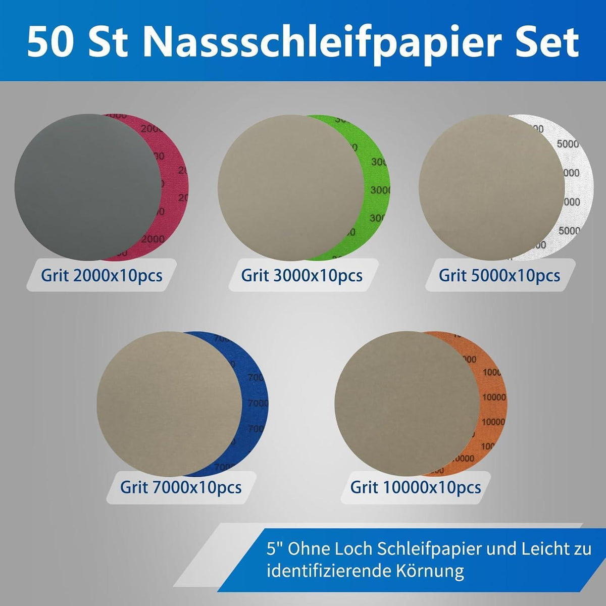 Schleifscheiben 50er Set Klett 125mm Nass/Trocken Körnung 2000-10000