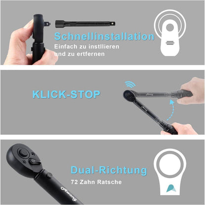 Drehmomentschlüssel 1/4" 5-25 Nm mit Ratschenkopf, klar lesbar