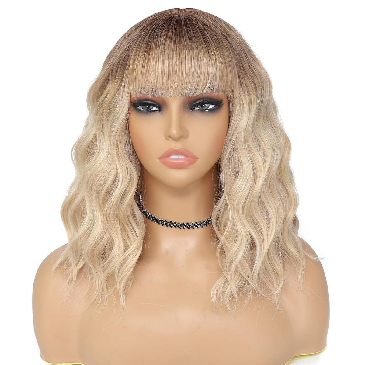 Welliges Braun-Blond Bob Perücke mit Pony