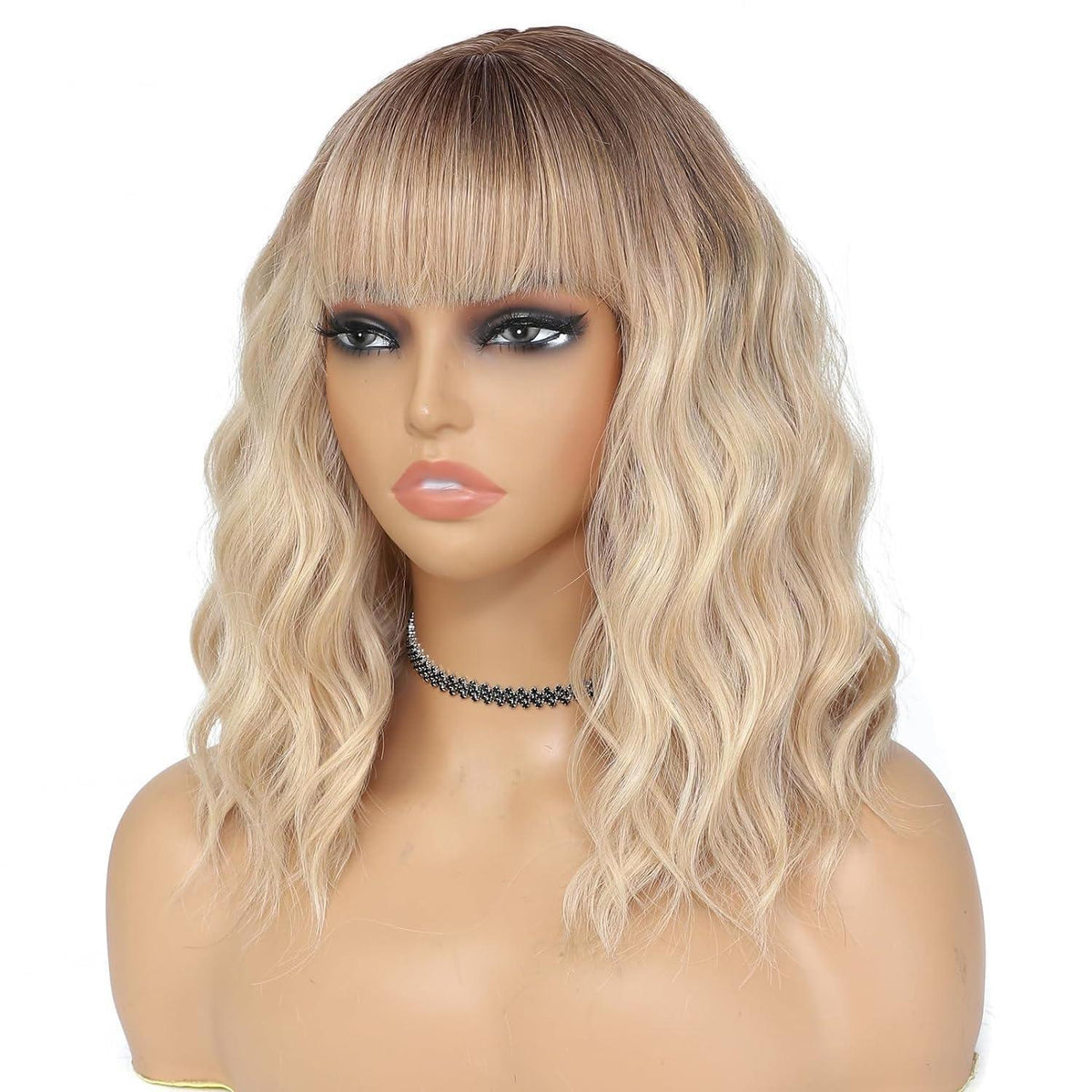 Welliges Braun-Blond Bob Perücke mit Pony
