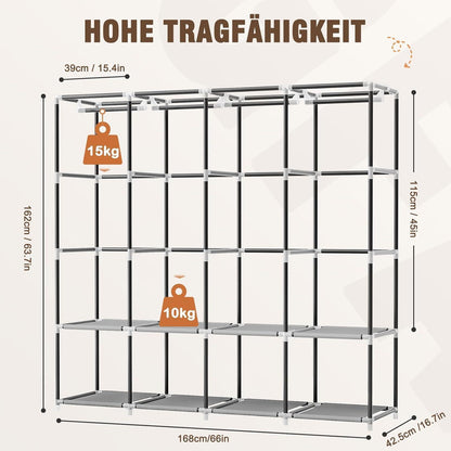Faltbarer Stoffschrank mit Kleiderstange & Fächern – Grau