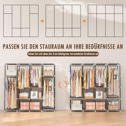 Faltbarer Stoffschrank mit Kleiderstange & Fächern – Grau
