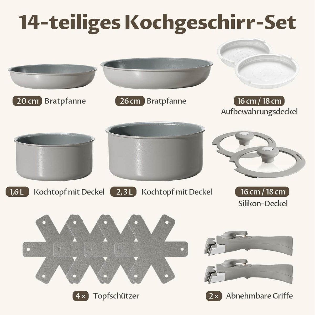 Pfannenset Induktion 14-teilig abnehmbaren Griffen und